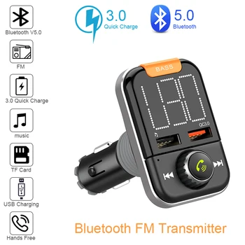 

Bluetooth 5.0 Bass Sound FM Transmitter for Car Wireless Radio A2DP Transmitter Adapter with Hands-Free Calling Dual USB Port