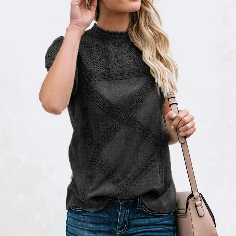 

Lace Floral Sleeves Slim Tops Women T Shirt Casual Fashion Female Summer Short Sleeve Round Neck Elegent Feminina Blusas 6Q2608
