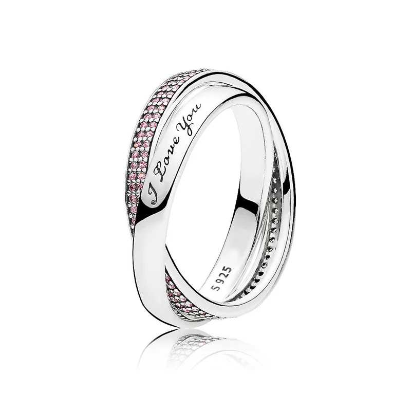 

New 925 Sterling Silver Ring Sweet Promise I Love You With Pink Crystal Rings For Women Wedding Party Gift Fine Pandora Jewelry