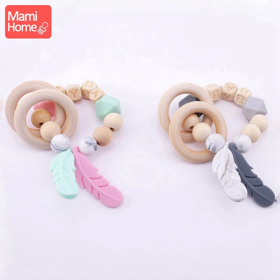 

mamihome 1pc Baby Bracelet Silicone Feathers Wooden Teething Toys Wood Ring BPA Free Food Grade Newborn Gifts Baby Teether