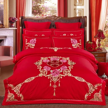 

60S 100% Cotton Red color Oriental Embroideried Wedding Bedding set 4/6Pcs King Queen size Duvet cover Bedsheet set Pillow 36