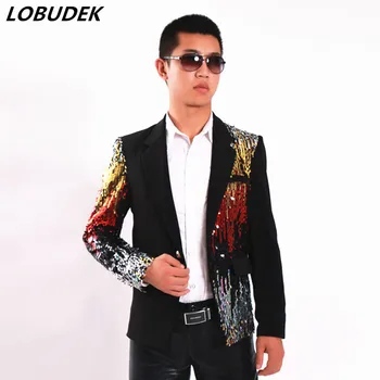 

2016 men blazer jacket outerwear male Slim multicolored sequins Coat singer performance groom show party nightclub Host Costume