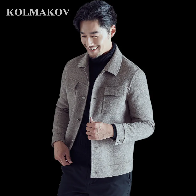 KOLMAKOV мужская одежда Новое поступление мужские короткие шерстяные пальто платье хорошее качество двусторонняя шерстяная Верхняя одежда Куртки мужские M-3XL