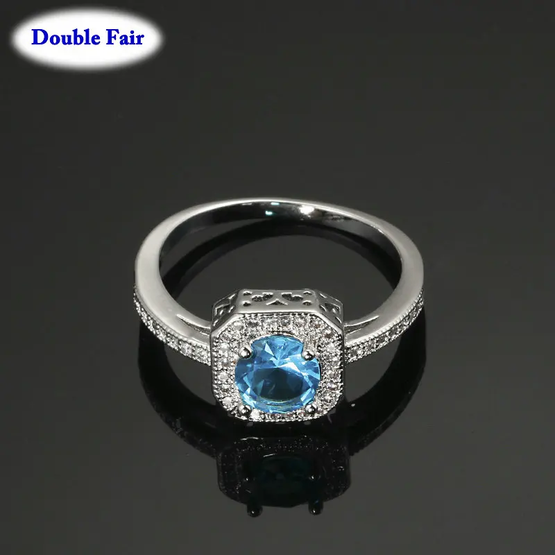 Silver Color Luxry Blue Stone Wedding Ring Set Engagement AAA Cubic