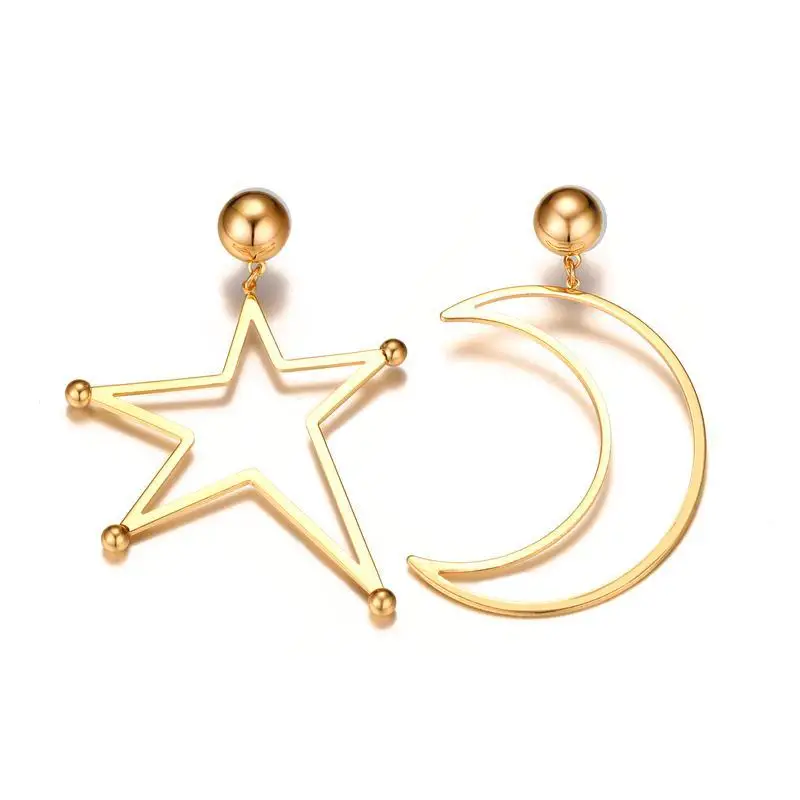 

American Style Stainless Steel Star Geometric Asymmetry Moon Drop Earrings Gold Color Ball Women Female Party Xmas Gift