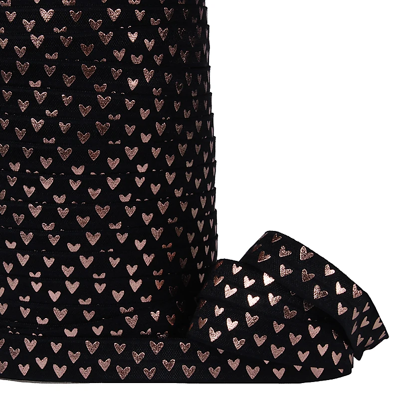 

(50 yards/lot) Free shipping rose gold foil Valentine heart printed foe fold over elastic ribbon