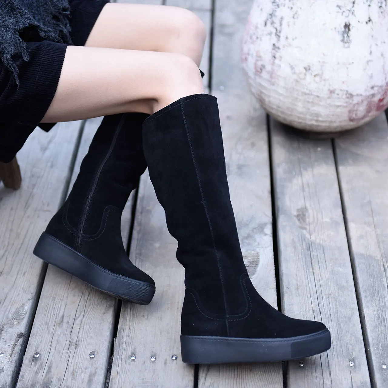 black leather womens boots knee high