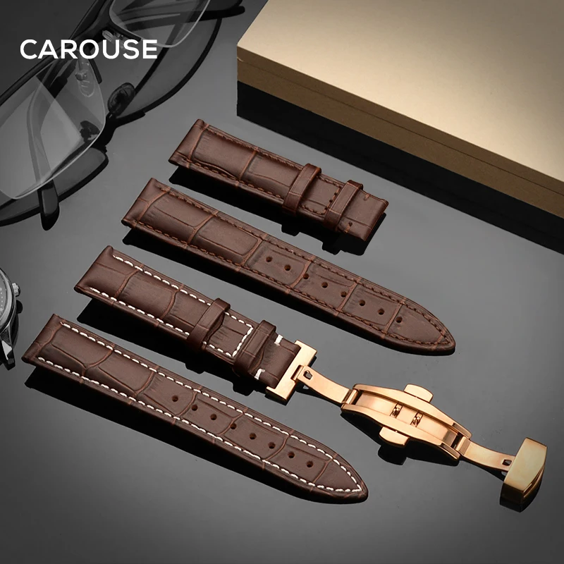Online Correa de reloj Carouse 18mm 19mm 20mm 21mm 22mm 24mm correa de cuero de becerro mariposa hebilla Correa pulsera accesorios pulseras