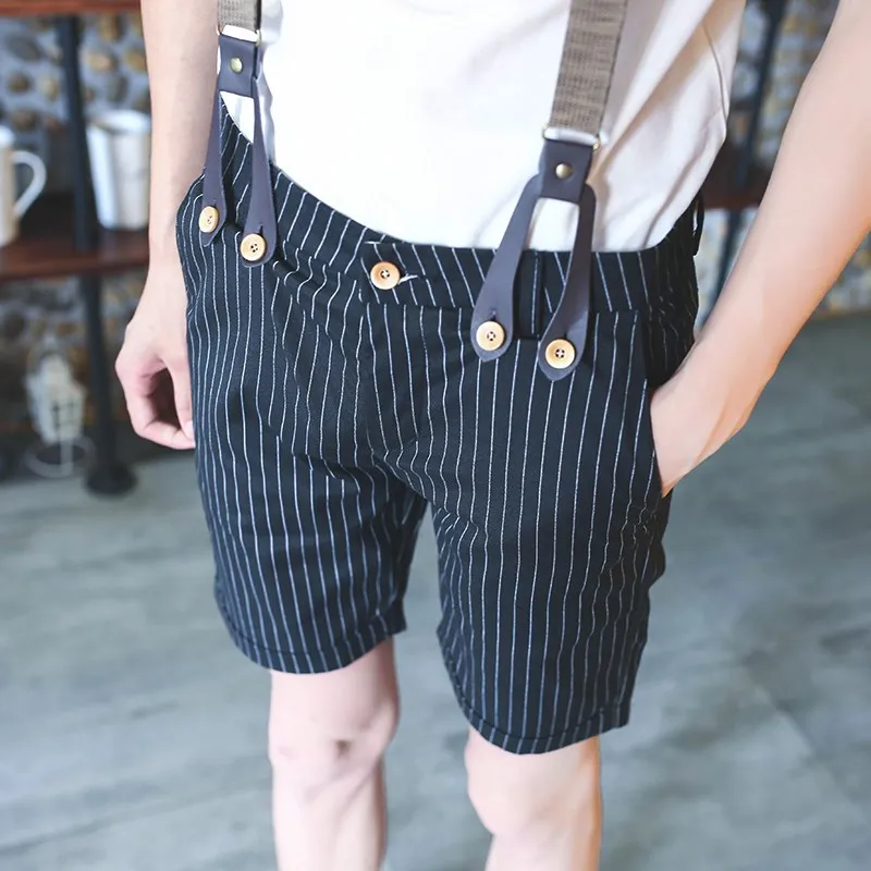 New Fashion Mens British Suspender Trousers For Man Slim Fit Striped Plaids Casual Shorts Pirate