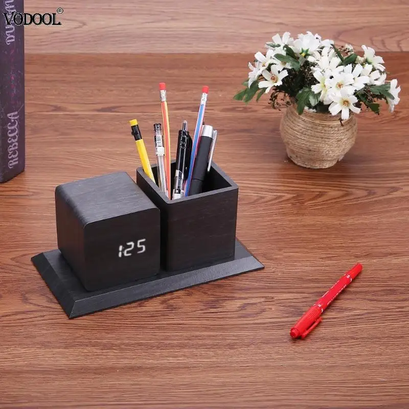 

VODOOL Electronic Digital LED Pencil Holder Desktop Sound Control Alarm Clock Pen Time Display Desk Organizer Office Supplies