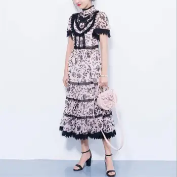 

Women Summer Dress 2018 High Quality Autumn Runway O-Neck Short Sleeve Printed Long Patchwork Lace Party Dresses NPD0810