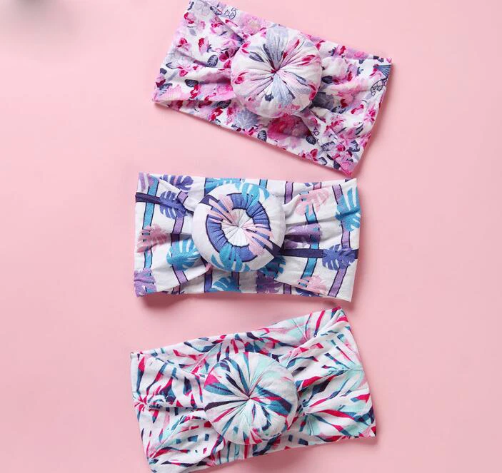

20pc/lot Newborn Floral Print Round Knot Nylon Headbands,Spring Summer Color Fruit Print Donuts Turban Headwraps Girls Headwear