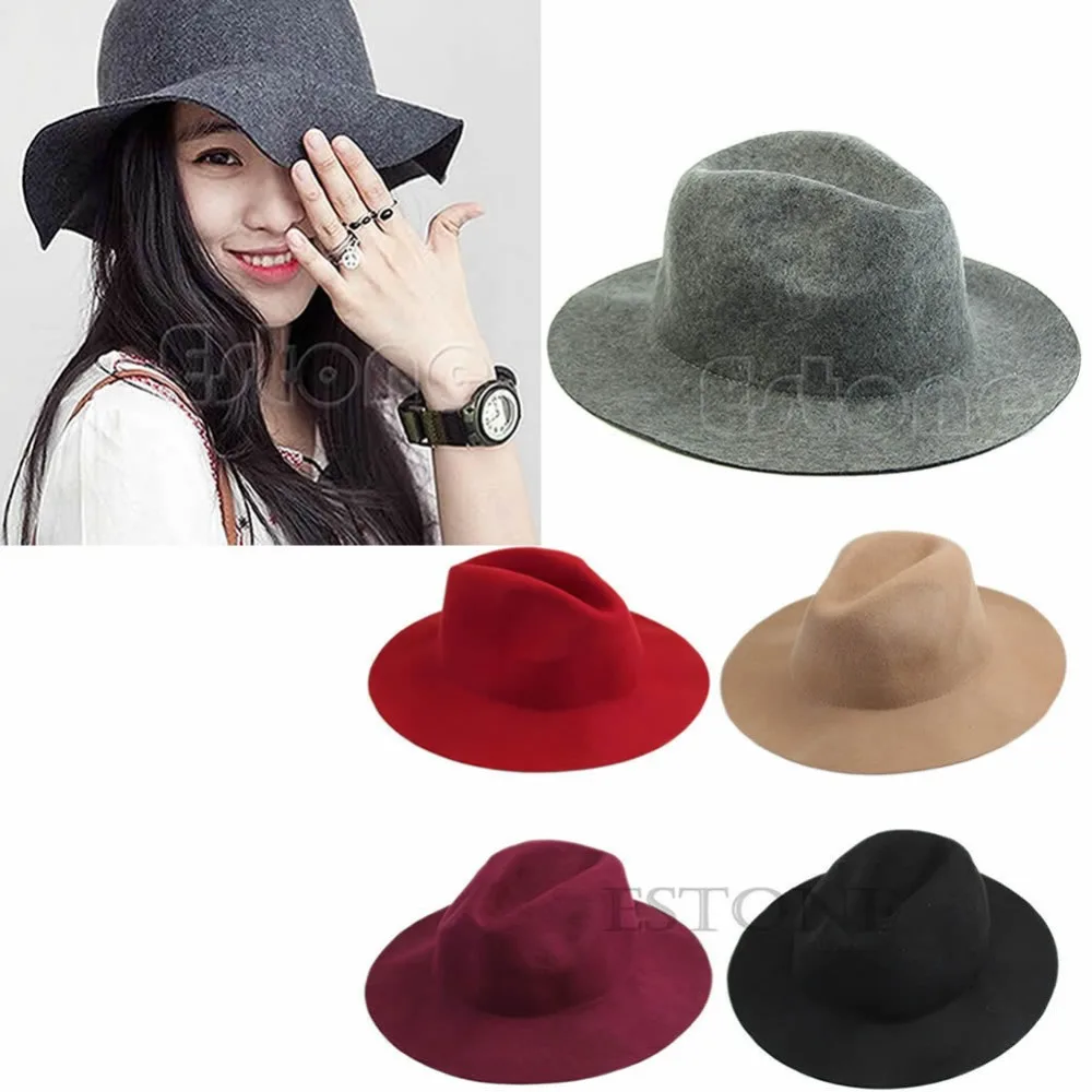 

Fashion Women Vintage Wide Brim Wool Felt Hat Classical Flop Bowler Fedora Cap