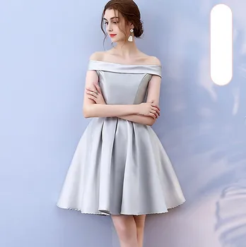 

Off the Shoulder Grey Colour Above Knee Mini Dress Wedding Guest Dress Bridesmaid Dresses Sleeveless Back of Bandage