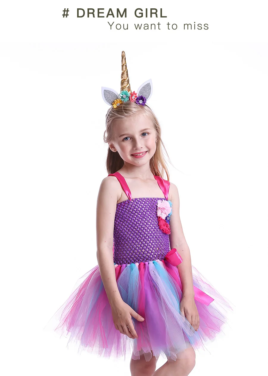 Elegant Rainbow Unicorn Girls Tutu Dresses Kids Flowers Birthday Party Dress with Headband Children Princess Tulle Prom Clothing  (11)