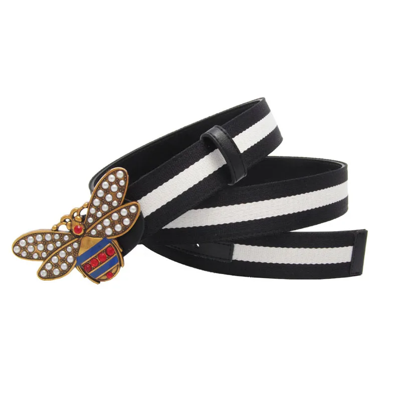 

Women Canvas Leather Strap Retro Belt Pearl Bee Buckle Lady Leather Belt Gift