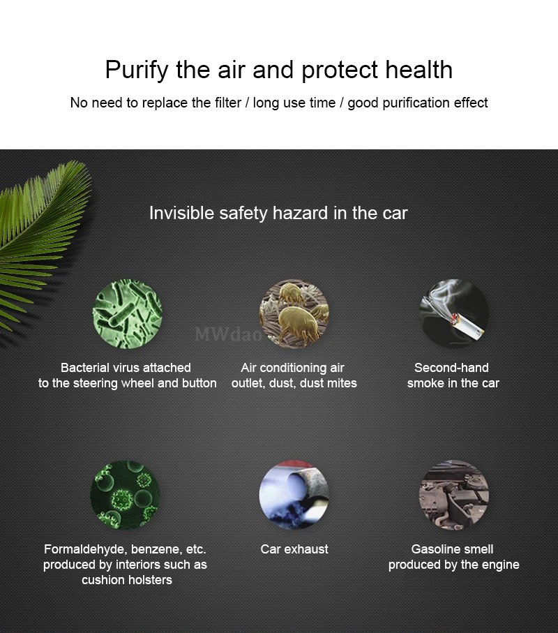 MWdao car air purifier vehicle air ionizer negative ion ozone ozonizer odor eliminator usb for car