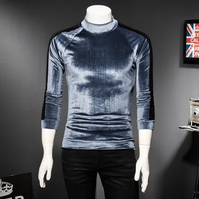 New Autumn T Shirt Men Brand Slim Fit Half High Collar Mens T-Shirts Long Sleeve Casual Winter Tee Shirt Homme Plus Size - Цвет: Синий