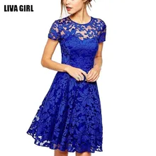 Women Floral Lace Dresses Short Sleeve Party Casual Color Blue Red Black Mini Dress
