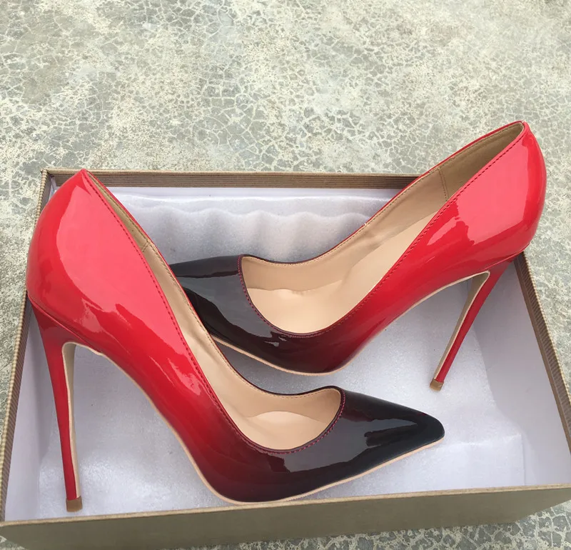 

European and American Style Autumn and Winter New Red and Black Gradual Lacquer Leather Tip Fine-heeled High-heeled Shoes Sexy S