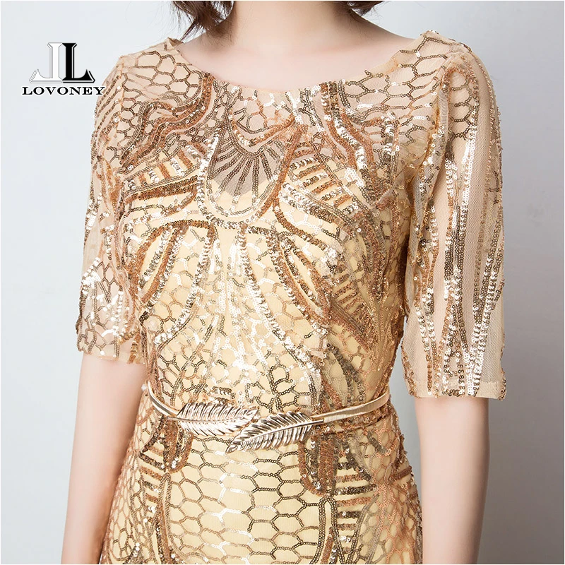 LOVONEY 2019 Sexy Mermaid Evening Dress Half Sleeves Golden Evening Dresses Long Formal Party Gown Vestido De Festa M216 LOVONEY 2019 Sexy Mermaid Evening Dress Half Sleeves Golden Evening Dresses Long Formal Party Gown Vestido De Festa M216