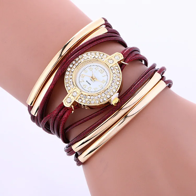 Кварцевые наручные часы Reloj Mujer модные золотые циферблатные женские часы Роскошный кожаный браслет часы relogio feminino bayan kol saati - Цвет: Красный
