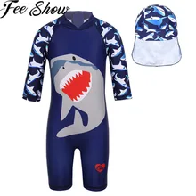 Inlzdz Цельный Детский купальный костюм для мальчиков с принтом акулы на молнии, купальный костюм с шапкой для плавания