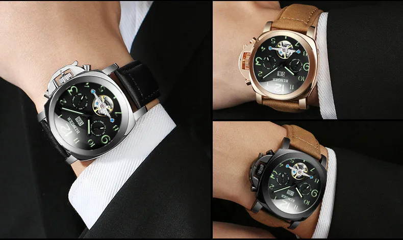 Швейцарские BINGER Мужские автоматические механические часы Tourbillon Роскошные модные брендовые мужские многофункциональные часы из натуральной кожи