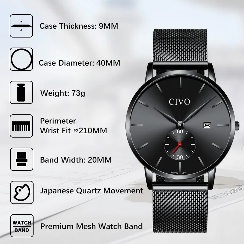 CIVO 2019 Fashion Sports Watches Mens Waterproof Analogue Steel Mesh Strap Quartz Wrist Watches Men Brithday Clock Reloj Hombre