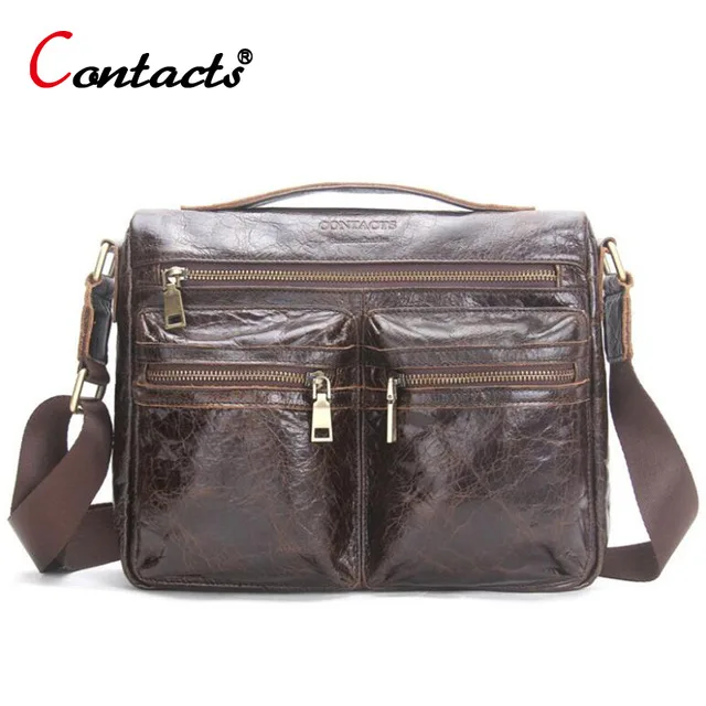 

CONTACT'S Men messenger bag leather Handbag Cowhide Men Crossbody Bag male Shoulder Business Laptop Briefcase Travel Bag for Man