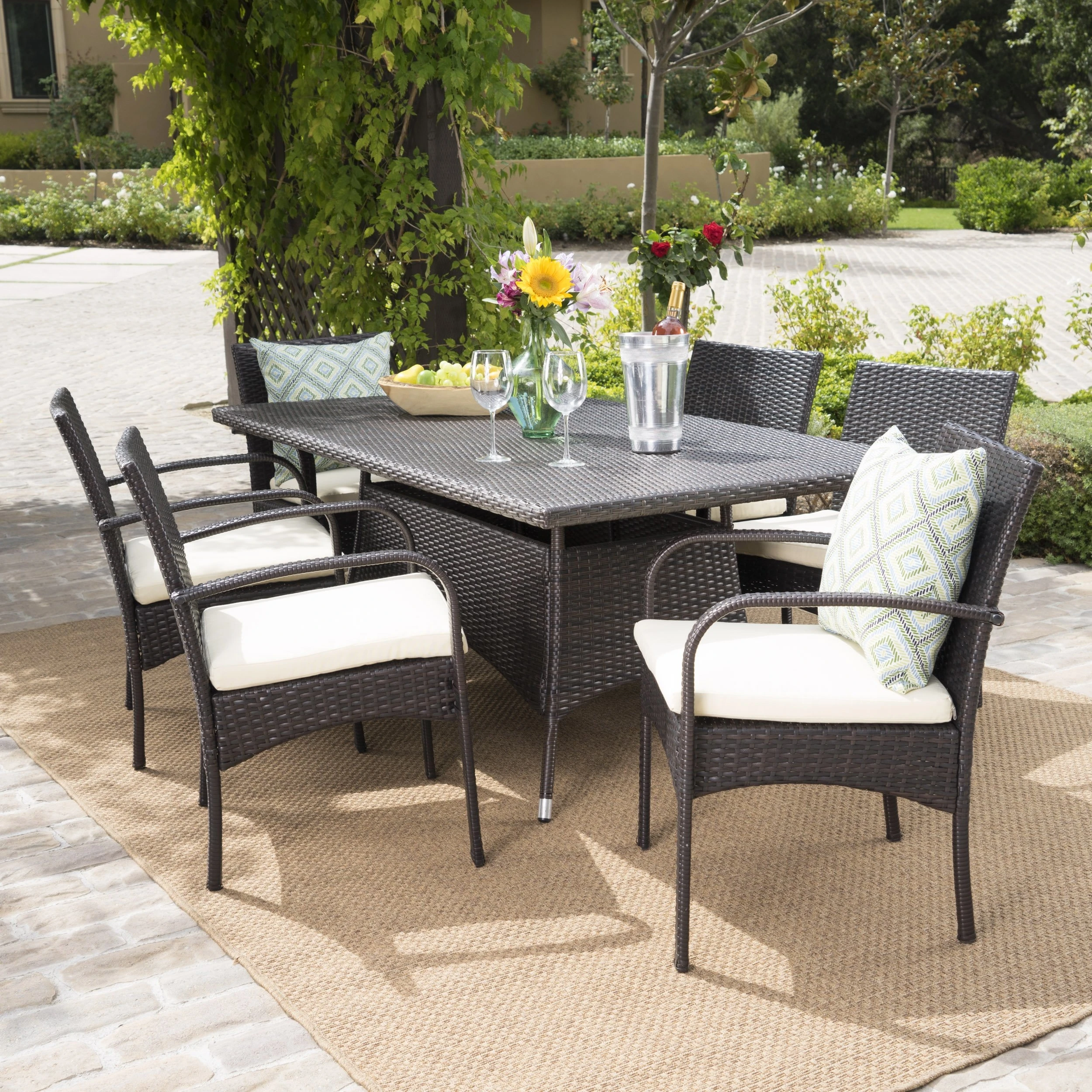 Carmela Outdoor 7pc Multibrown PE Wicker Long Dining Set