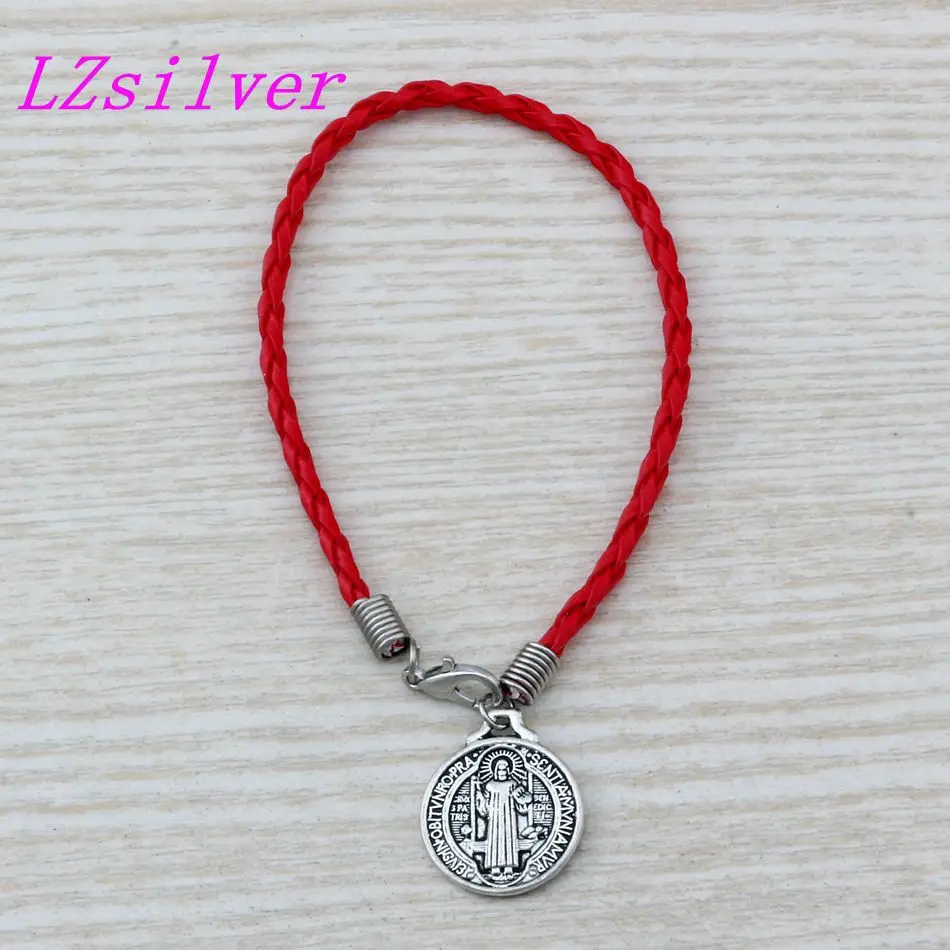 20 штук красный кожаный браслет античное серебро сплав святой Бенедикт медальоны браслет B-60