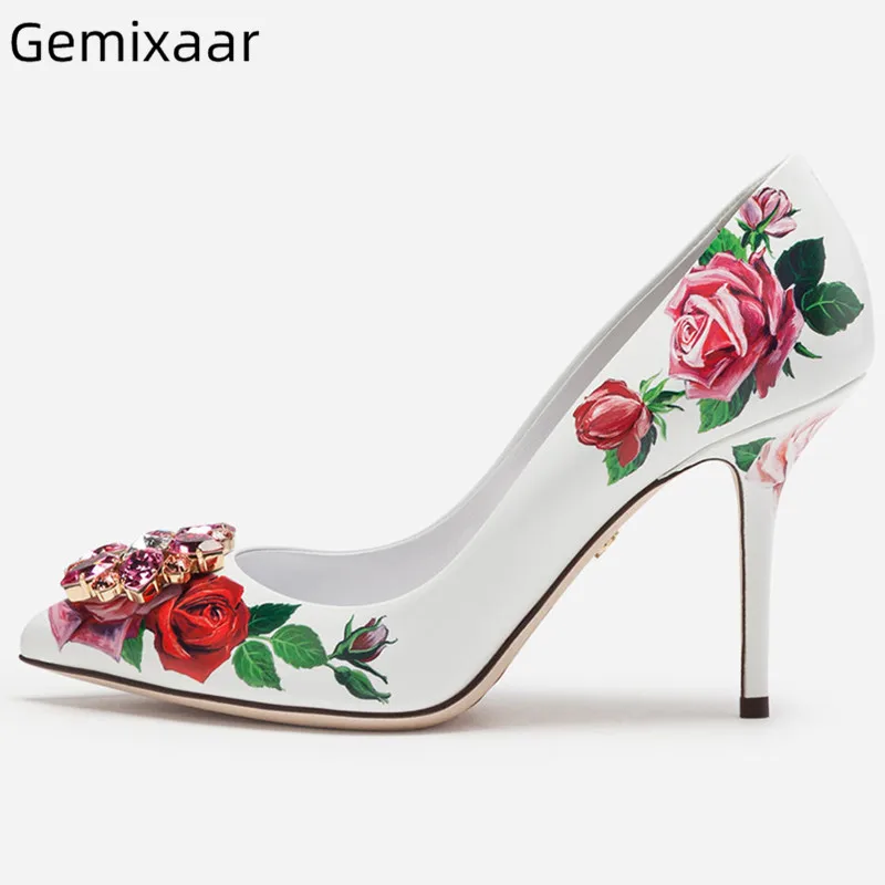 

Crystal Pumps Shoes Woman Point Toe Slip On Gladiator High Heels Wedding Shoes Genuine Leather Decor Jewelry Walking Pumps Women