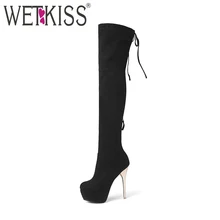 WETKISS/Новинка года; женские ботфорты из флока; эластичные высокие сапоги; обувь на платформе на молнии; женские туфли на высоком каблуке; большие размеры 43