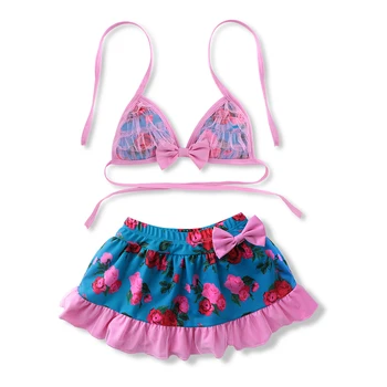 

2017 Two Pieces Bikini Set Girls Flower Bow-Knot Bikini Skirt Bathing Suit Girls Child Swimsuit Tulle Mesh Halter Swimwear 2-8Y