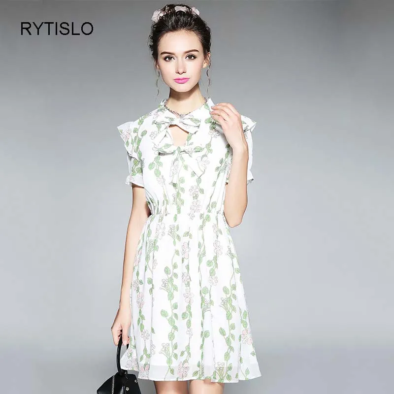 RYTISLO Summer New Cute Women Dresses Bow Collar Hollow Out Prints A