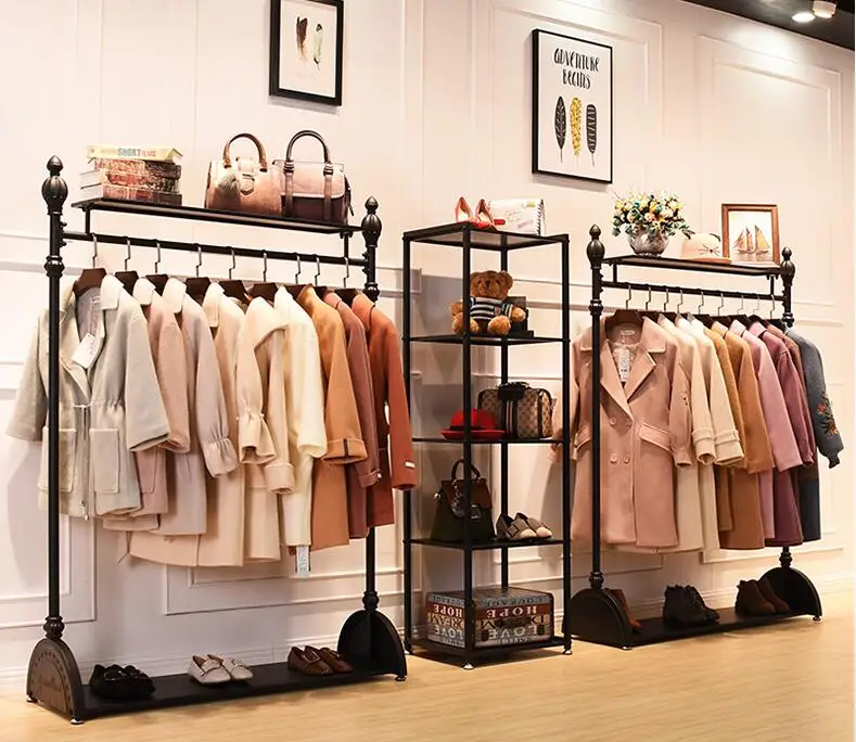 Estante de exhibición de tienda de ropa Vintage para hombres y mujeres, estante de ropa de pared, estante de piso de estilo europeo