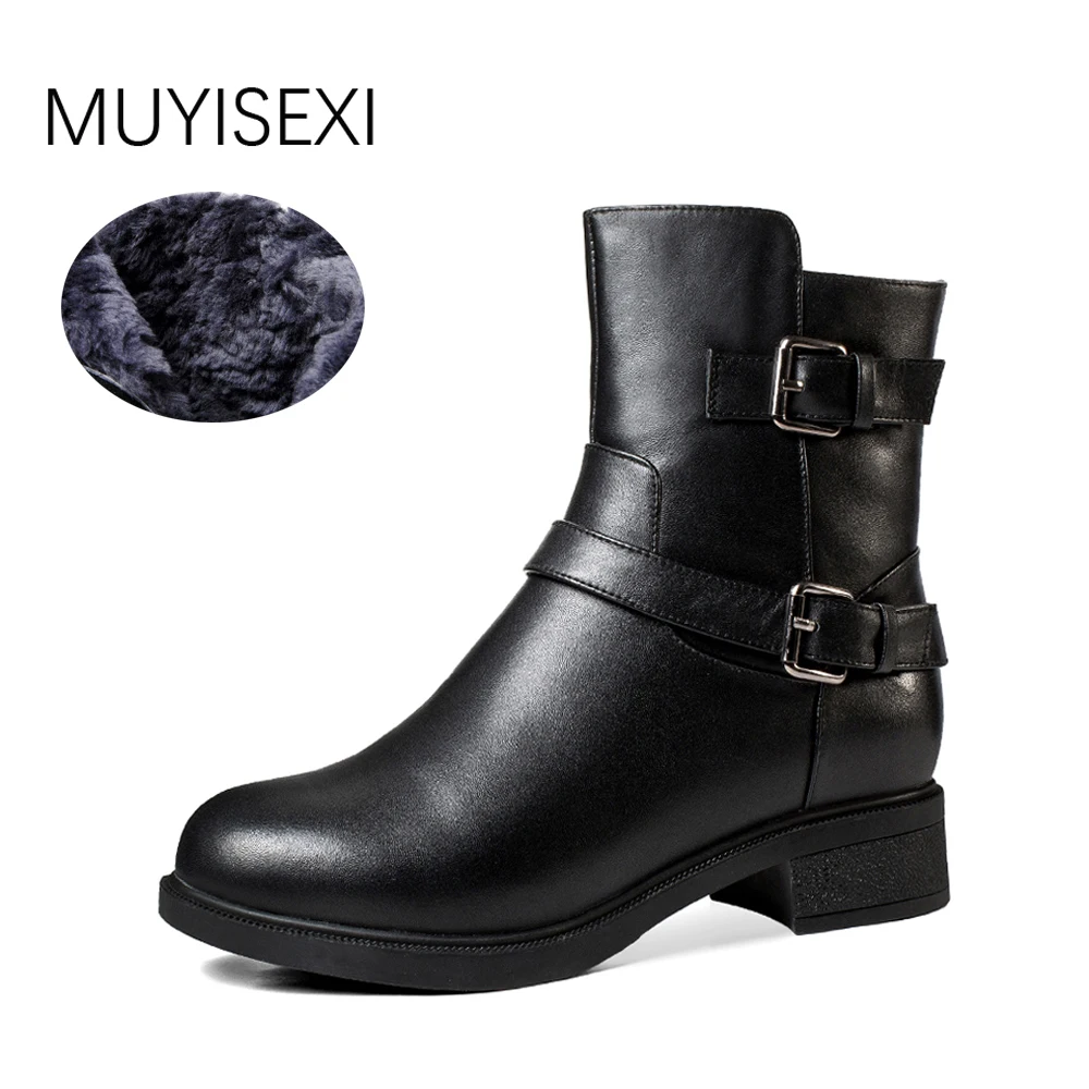 

Wool Fur Motocycle Winter Boots Warm Mid Calf Square Heels Boots Genuine Leather Women Black Leather Boots TJ08 MUYISEXI