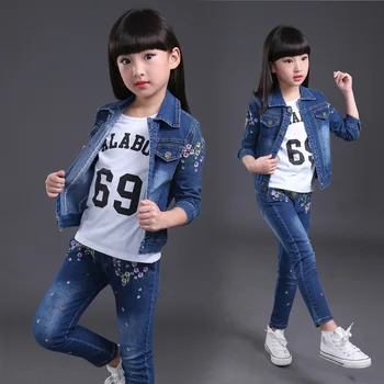 

2016 New Spring Autumn Children's Girls Cowboy children's Suit letters prints casual sport girl kids suit 3PCS