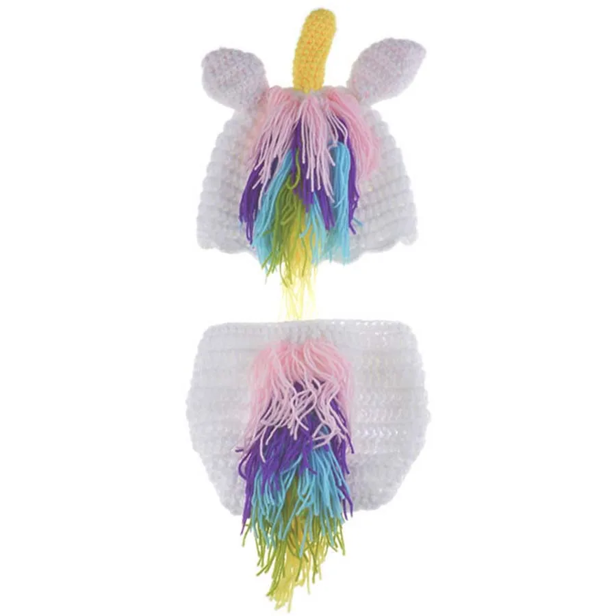 Crochet Unicorn Costume Outfit Newborn Rainbow Unicorn Photography Prop Baby Hat and Diapre Cover Set Infant Shower Gift (5)