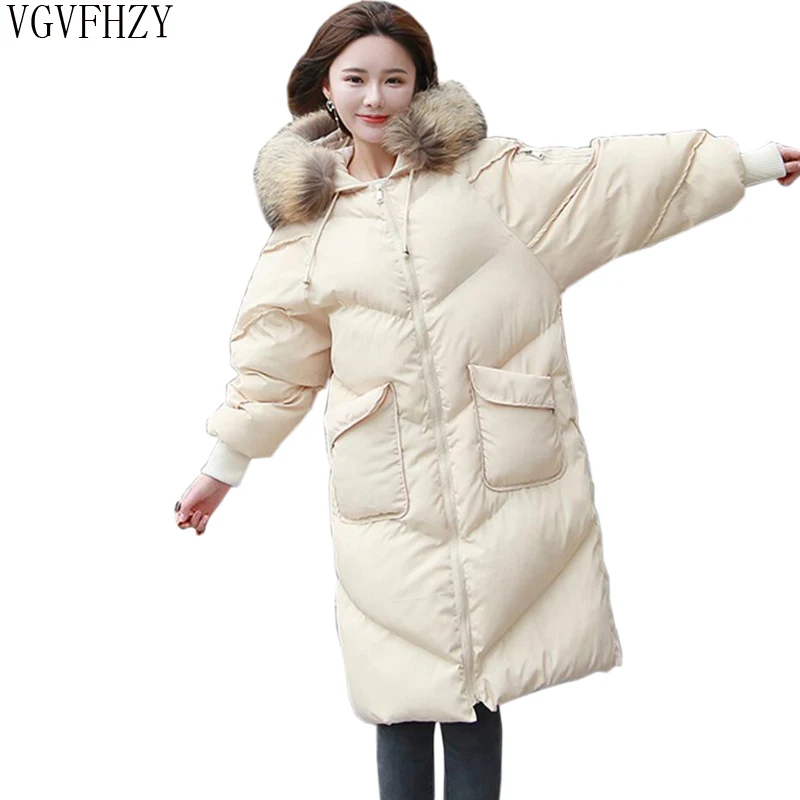 Winter Coat Women Large Fur Collar Hooded Long Jacket Thicken Warm
