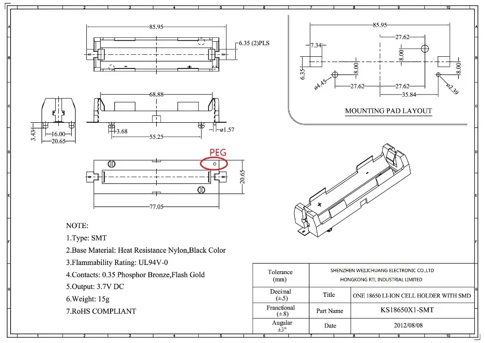 10 шт. DIY держатель батареи SMT 2pin для одного 18650 перезаряжаемая литиевая батарея поверхностный монтаж smd PCB