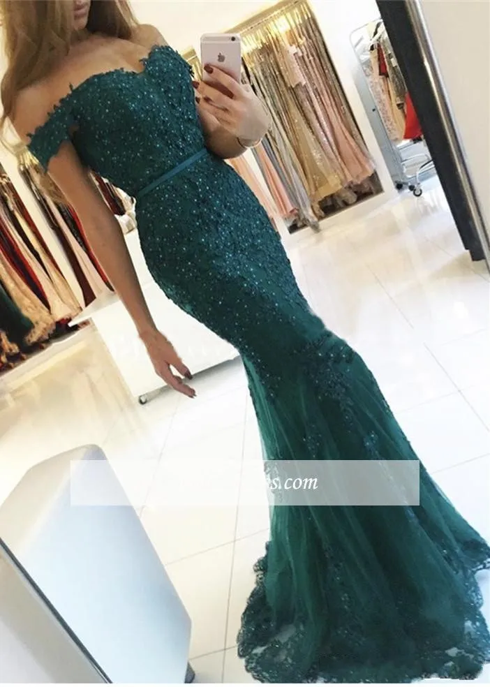 Vestido de festa с открытыми плечами Русалка бордовые кружевные платья подружек невесты Аппликация из бисера Вечерние платья для выпускного вечера - Цвет: Зеленый