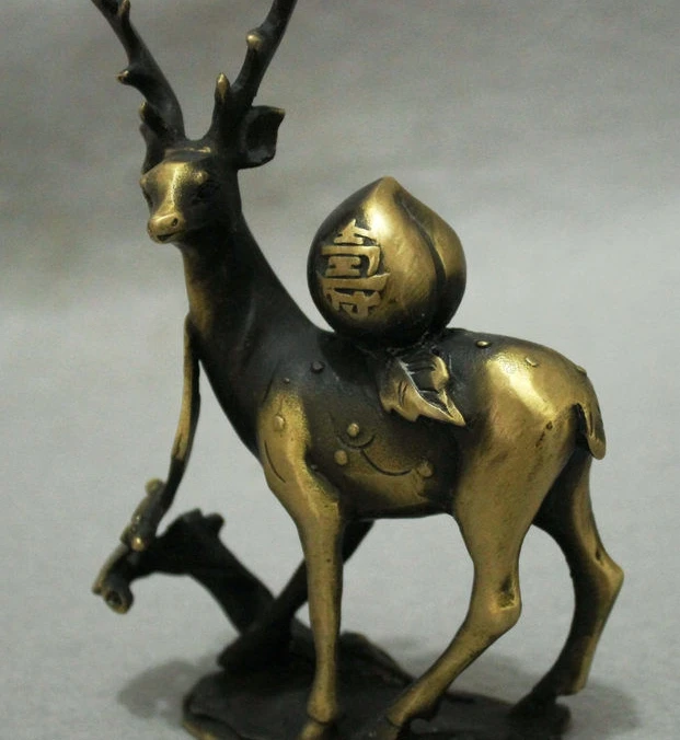 

Chinese Bronze Auspicious Longevity Bat Sika Deer Shou Peach Animal Statue