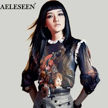 Angle Oil Painting Print Lace Decoration Silk Top Long Sleeve Blouse