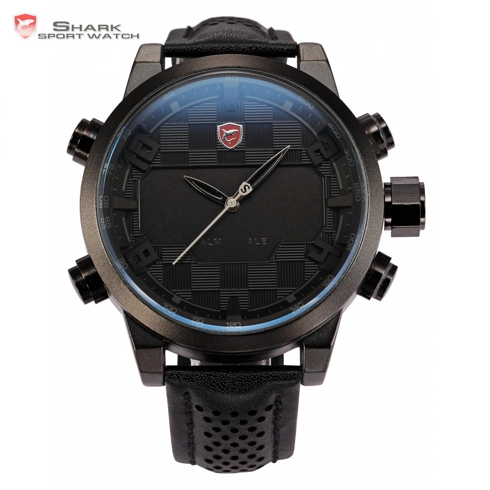 

Sawback Angel SHARK Sport Watch Analog Digital Dual Movement Full Black Date Alarm Male Leather Strap Military LED Watch / SH206