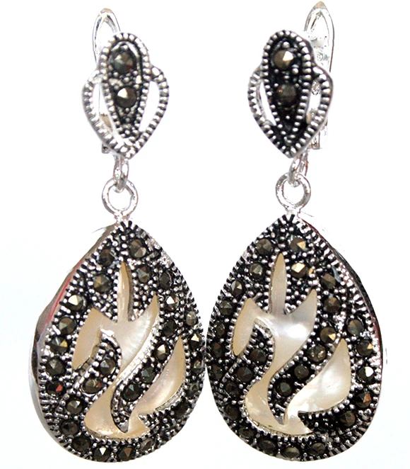

FREE SHIPPING 11/2" unique 925 Silver & Marcasite inlay white sea shell Waterdrop Earrings