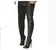 Botas feminina black high heels sexy cut out long overknee gladiator sandals lace up open toe summer leather boots shoes woman Botas feminina black high heels sexy cut out long overknee gladiator sandals lace up open toe summer leather boots shoes woman