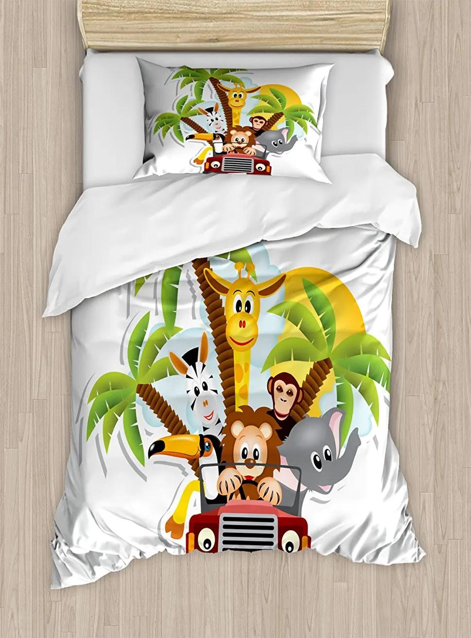 

Baby Duvet Cover Set Zebra Toucan Lion and Elephant African Forest Animals Driving Safari Theme Fantastic, 4 Piece Bedding Set