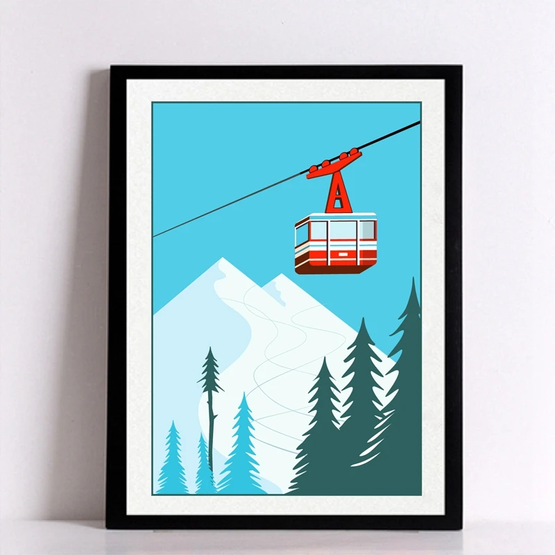 Зимний спорт катание на лыжах художественный постер картина, винтажный туристический плакат лыжный в снежной горной живописи зимний домашний декор